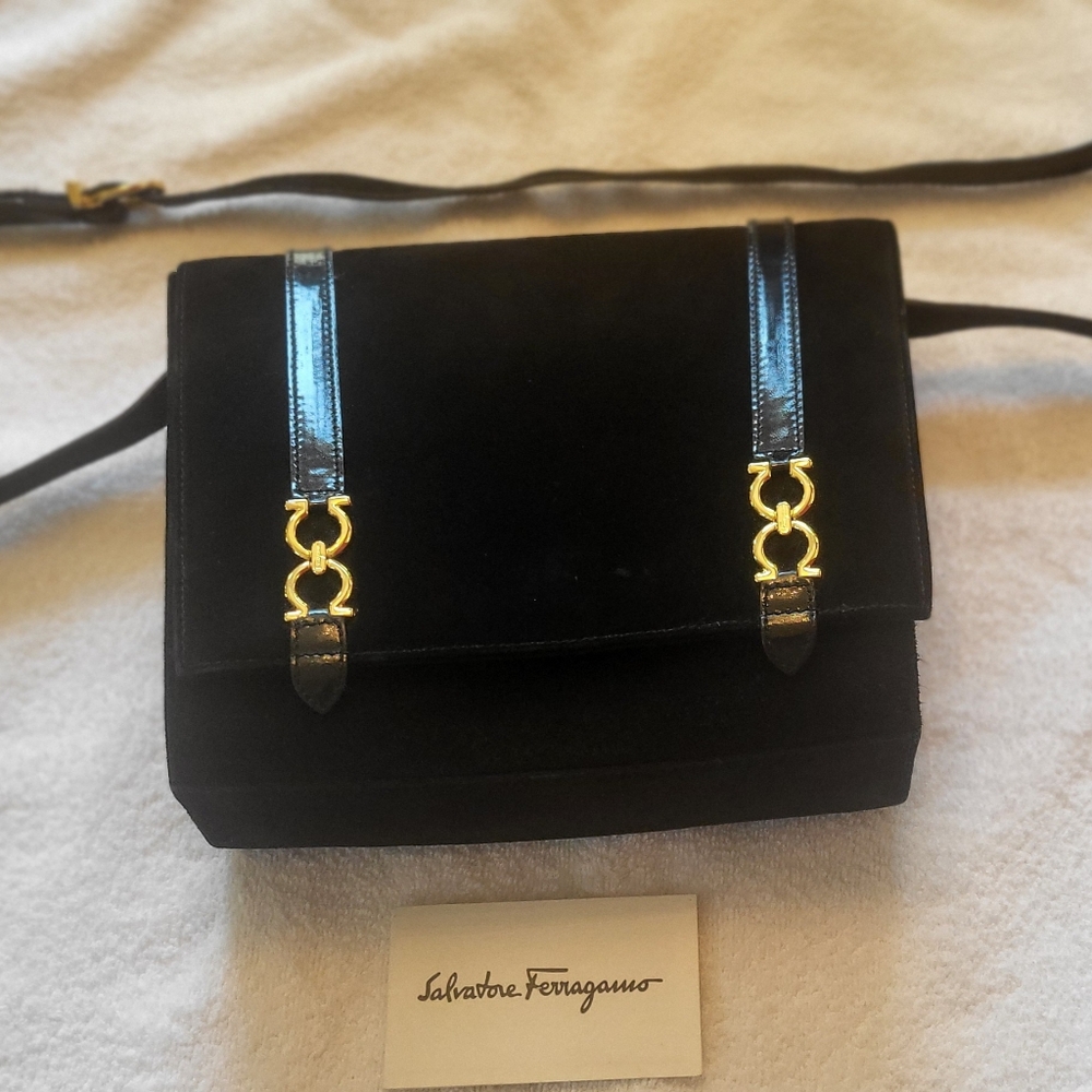 Authentic Salvatore Ferragamo Shoulder Bag (Black, Suede Leather)